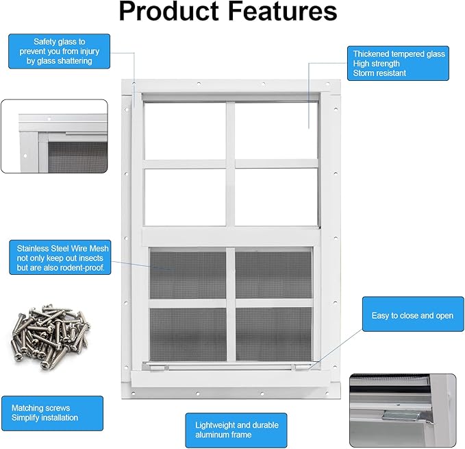 NeatiEase Upgraded Shed Windows 2 Pack, 24" x 36" Windows with Tempered Glass and Stainless Steel Screen for Shed, Chicken Coop, Playhouse, Household, Garage(White)