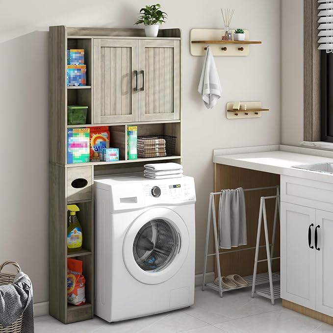 Farmhouse Storage Cabinet Over Toilet with 2 Barn Doors & Toilet Paper Holder Stand, Space-Saving Bathroom Rack
