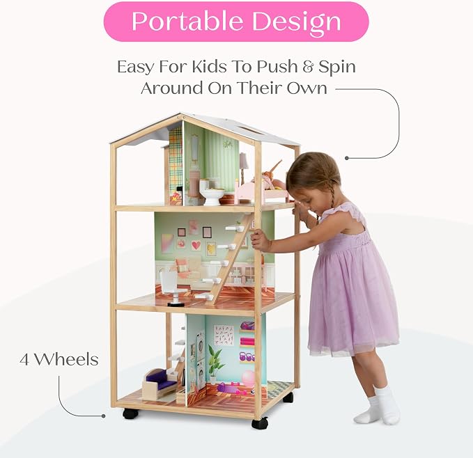 Delta Children Moveable Mansion Dollhouse - 360-Degree Play Dollhouse with Wheeled Base - Includes 16 Accessories - Fits 12-inch Dolls - Pretend Play Dream Gift for Ages 3+