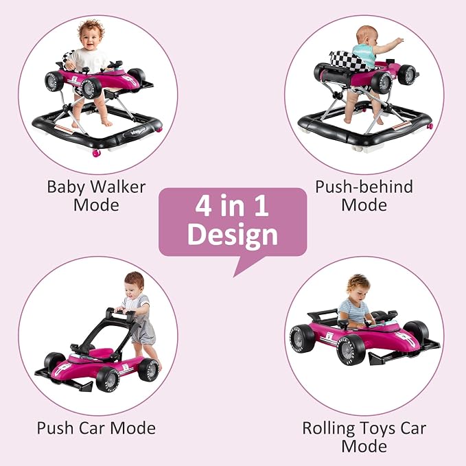 INFANS 4 in 1 Baby Walker, Foldable Toddler Activity Center with Adjustable Height, Padded Seat, Music, Light, Removable Tray, Push Walker for Girls Boys Aged 6-18 Months (Violet)
