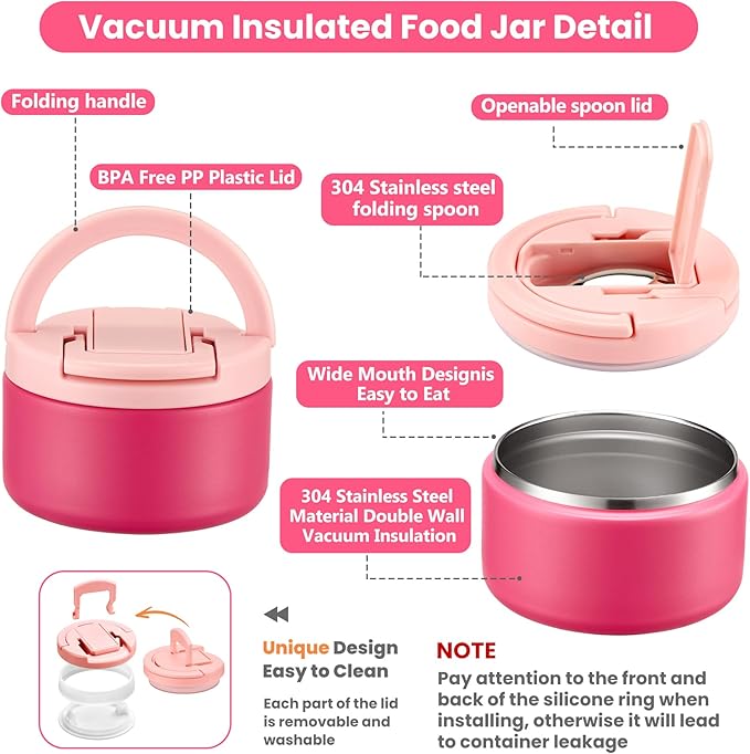 Bento Lunch Box for Kids with 8oz Soup Thermo,Kids Leakproof Lunch Food Containers with 4 Compartment,Kid Insulated Thermo Hot Food Jar for School,Trvael-Pink
