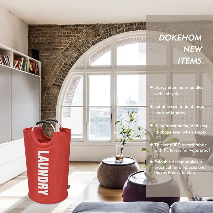DOKEHOM 90L Large Laundry Basket, Collapsible Laundry Bag, Freestanding Tall Clothes Hamper, Foldable Washing Bin (Red)