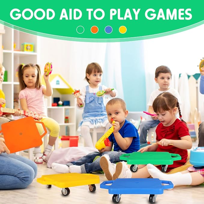 Jerify 4 Pieces Sports Scooter Board with Handles Plastic Casters Floor Sitting Scooter Boards for Kids Children Gym Indoor Outdoor Activities Play Equipment, 11.22 x 11.22 inch