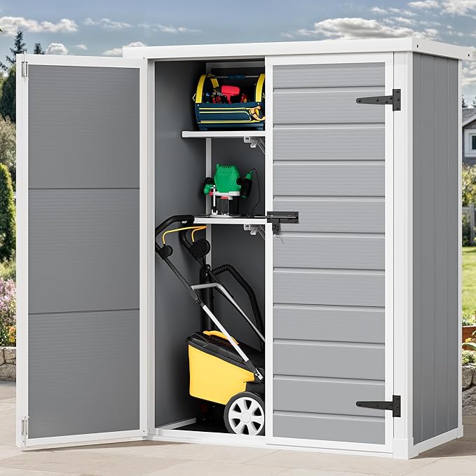 DWVO 50 Cuft Outdoor Tall Storage Shed with 2 Shelves, 4.3x2x5.5ft Vertical Tool Shed with Floor & Lockable Doors, Sturdy Double-Wall Plastic Cabinet for Garbage Cans and Garden Equipment (Gray)