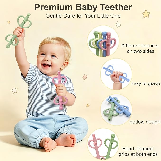 4 Pack Sensory Baby Teething Tubes, Silicone Baby Teether Toys with Easy-Hold Love Handle, Dual-Sided Textures, Soothe Sore Gums, BPA-Free Hollow Teething Straws for Babies 3+ Months (Style A)