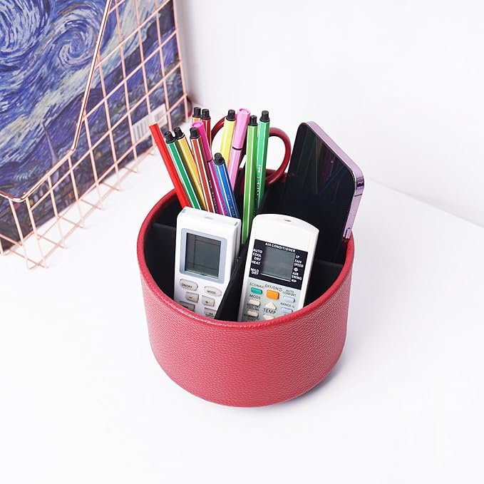 Hennaja Round Leather Art Supply Organizer,Remote Control Holder,360 Degree Spinning,Multi-Functional Pencil Holder,4 Compartments Desktop Stationary Organizer(1-Lichee Red)