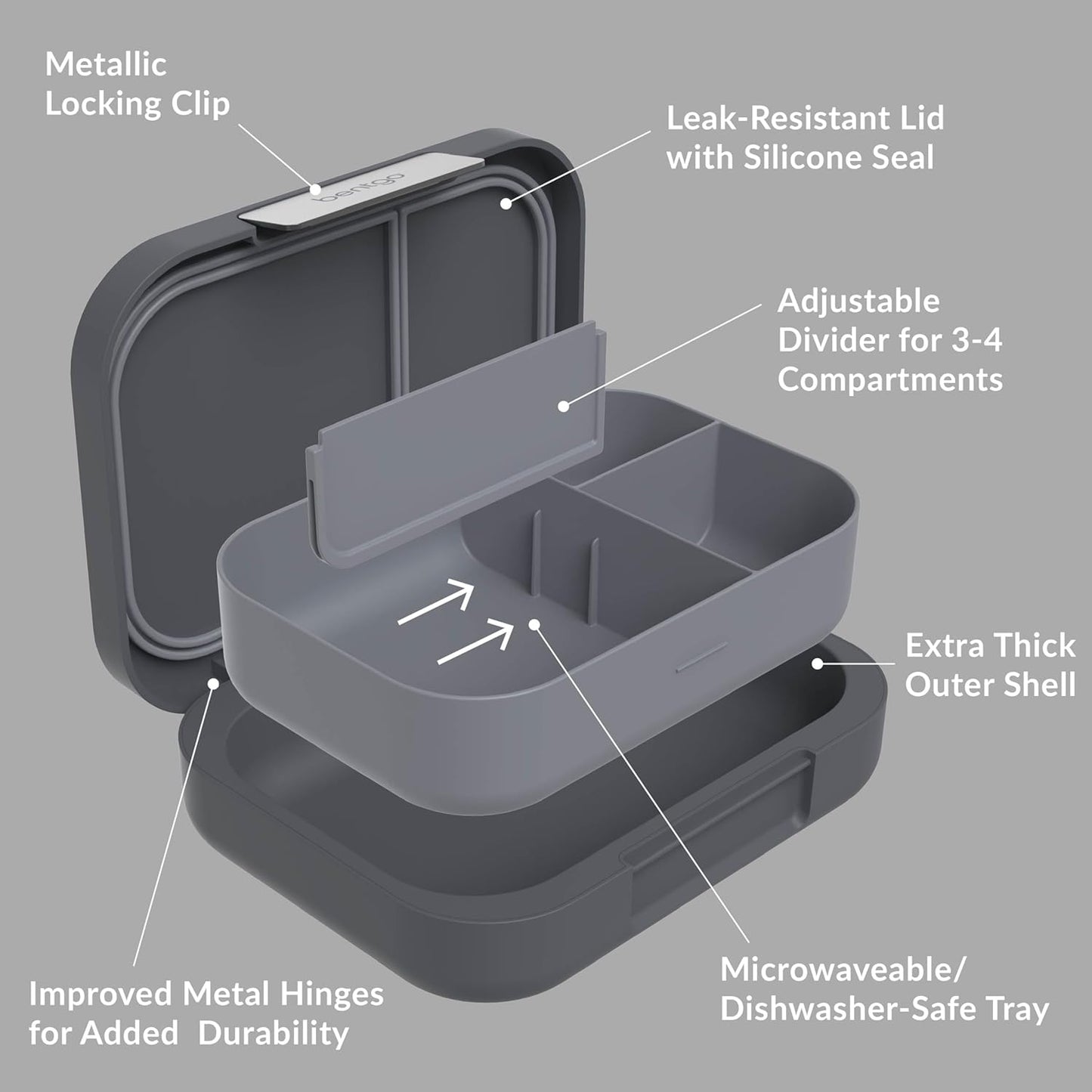Bentgo Modern - Adult & Teen Bento Lunch Box; 3-4 Compartments, Leak-Resistant, 5.5 Cup Capacity/44 fl oz, Improved Locking Clips, Reusable, BPA-Free, Dishwasher/Microwave Safe Tray (Dark Gray)