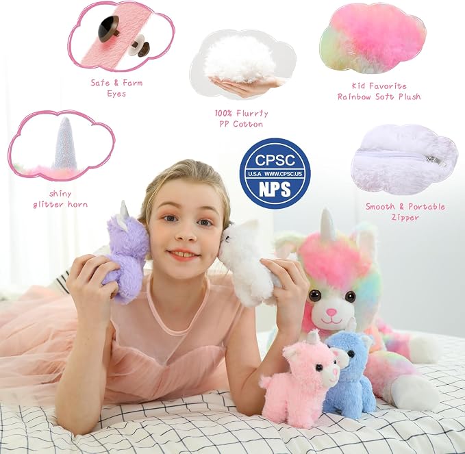 MorisMos Cat Unicorn Stuffed Animal with Baby Kittens, 24'' Mommy Cat and 4 Baby Kitty Stuffed Animals, Large Rainbow Caticorn Plush Pillow, 5Pcs Kitty Unicorn Plush Toys for Girls Boys Birthday Gift