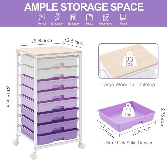 Rolling Cart with Drawers,Utility Cart With 8 Drawers and Wooden Tabletop for Living Room,Classroom,Bedroom,Bathroom,Dorm,Office,Purple