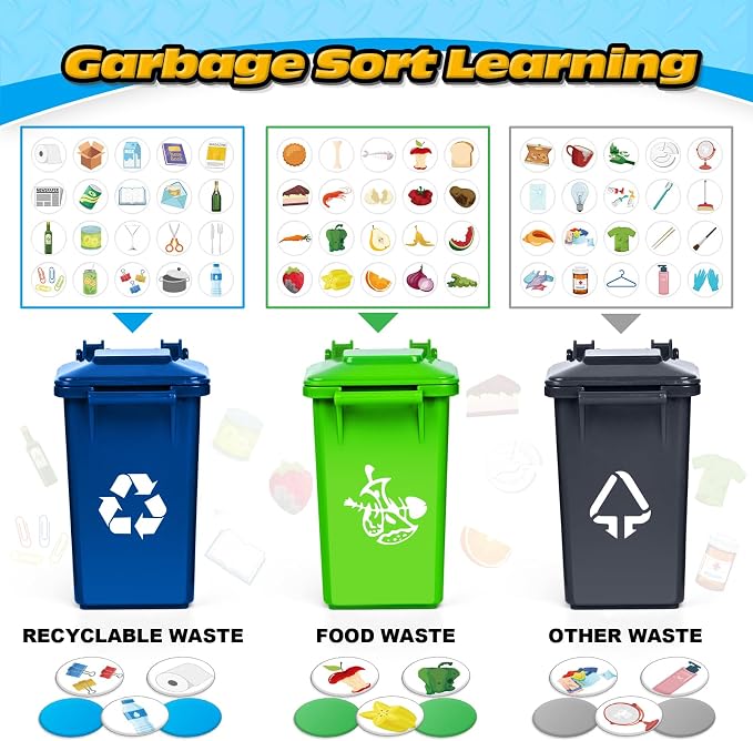 SpringFlower Toy for 3 4 5 6 7 Years Old Boy,15" Large Garbage Truck Toys for Kids,Friction Powered Garbage Truck with Sound and Light, Trash Bins,Learning Cards,Birthday Gifts for Boys & Girls