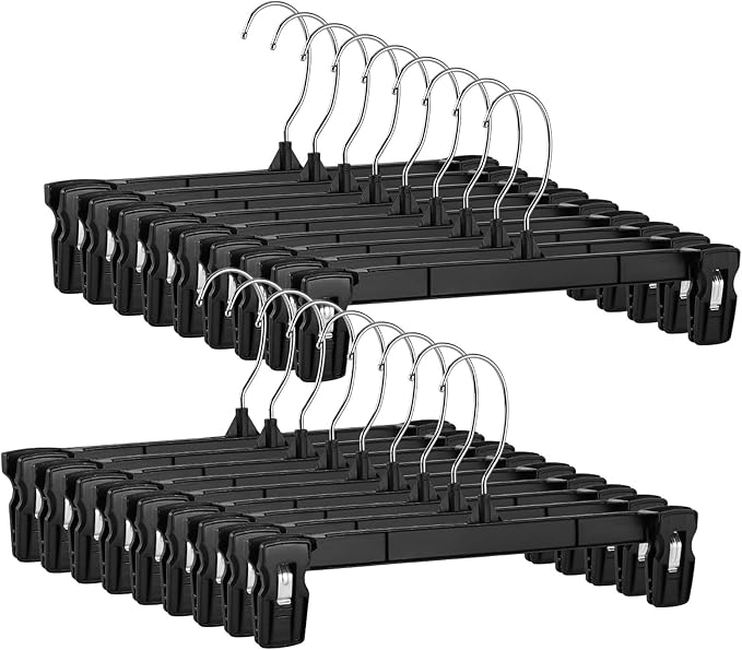 Smartor Space Saving Skirt Hangers - 150 Pack, Slim Plastic Pants and Shorts Hangers, Ridged Non-Slip with Pinch Clips, Black Clip Hanger for Women, 360-Rotating Chrome Swivel Hook, 12 Inches