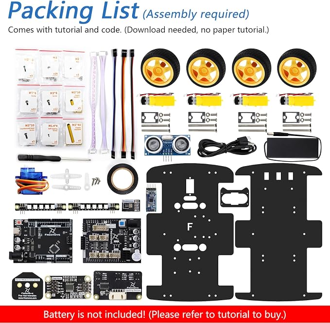 Freenove 4WD Car Kit (Compatible with Arduino IDE), Line Tracking, Obstacle Avoidance, Wireless Control App, Ultrasonic Sensor Motor Servo