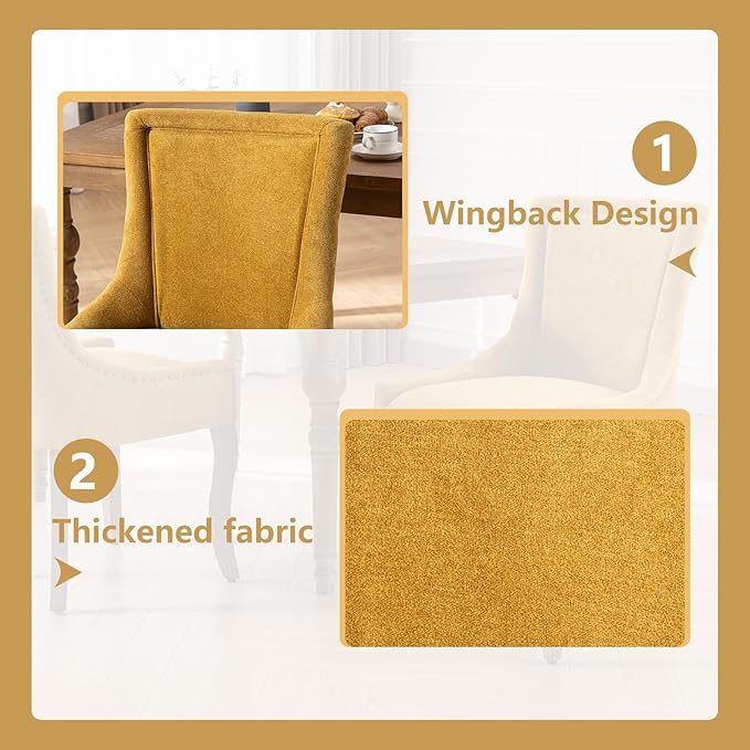 Modern Dining Chairs Set of 2, High Back Dining Chairs Side Chairs with Solid Wood Legs, Upholstered Fabric Dining Room Chairs for Dining Room Kitchen, Yellow