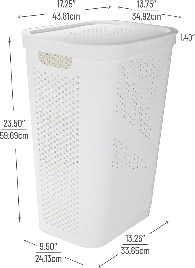 Mind Reader 60L Slim Laundry Hamper, Clothes Basket, Lid, Ventilated, Plastic, Set of 2, White