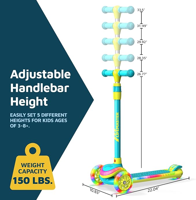 3-Wheel Kids Scooter with Multi-Color Lights on Deck & Wheels – 5-Height Adjustable Handlebar, Wide Anti-Slip Deck, Child Safety Certified, Boys & Girls Ages 3+ Supports Up to 150 lbs