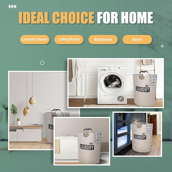Caroeas Super Large 150L Laundry Basket Pro, Waterproof Laundry Hamper, Collapsible Laundry Basket Easy Storage, Clothes Hamper Stands Up Well, Laundry Bag with Padded Handles (Beige)