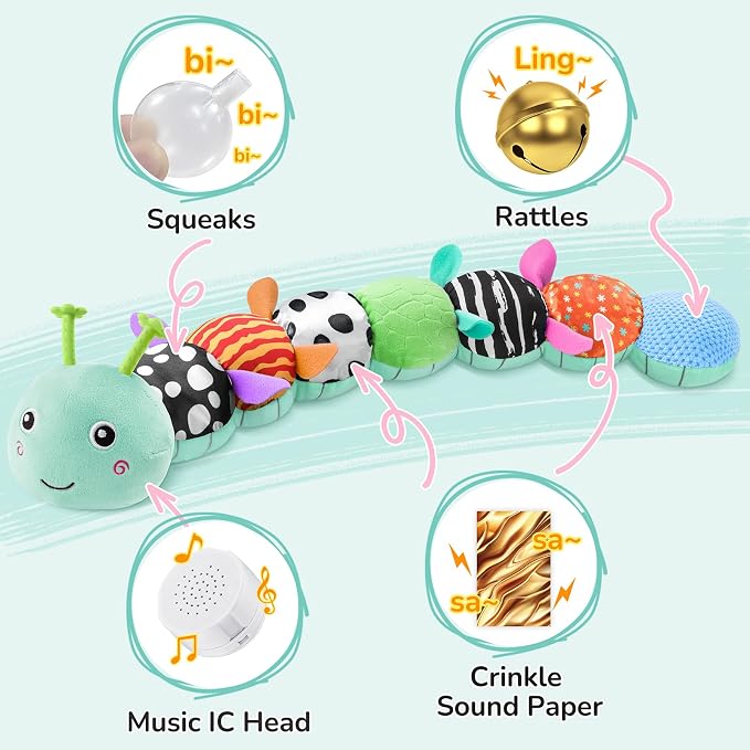 AWOTOY Baby Toys 6-12 Months Music Caterpillar,Stuffed Animals Infant Toys 0-3-6 Months,Baby Sensory Toys Tummy Time with Crinkle Rattle Teething Toys for Newborn Boys Girls Gifts Birthday|Ice Blue