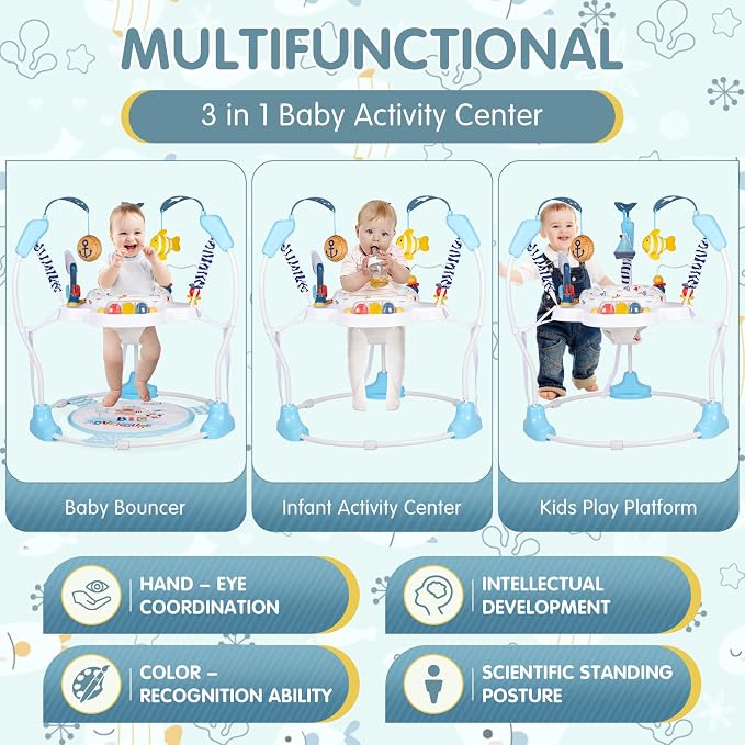 Baby Activity Center, 3-in-1 Baby Jumper, Infant Activity Center with 360° Rotating Seat, Music, Lights, 3 Adjustable Heights, Infant Activity Jumper for 6+ Months JP2401