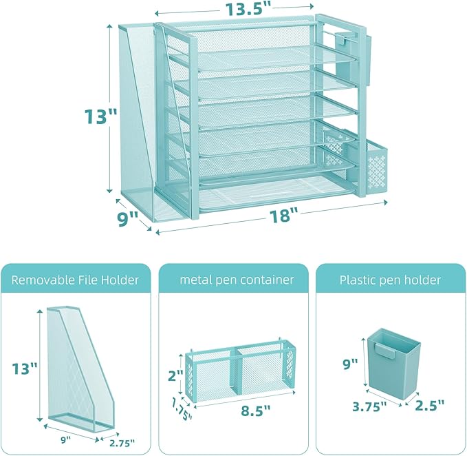 Simple Trending 6 Tier Desk File Organizer, Paper Letter Tray Organizer with File Holder and Pen Container, Blue