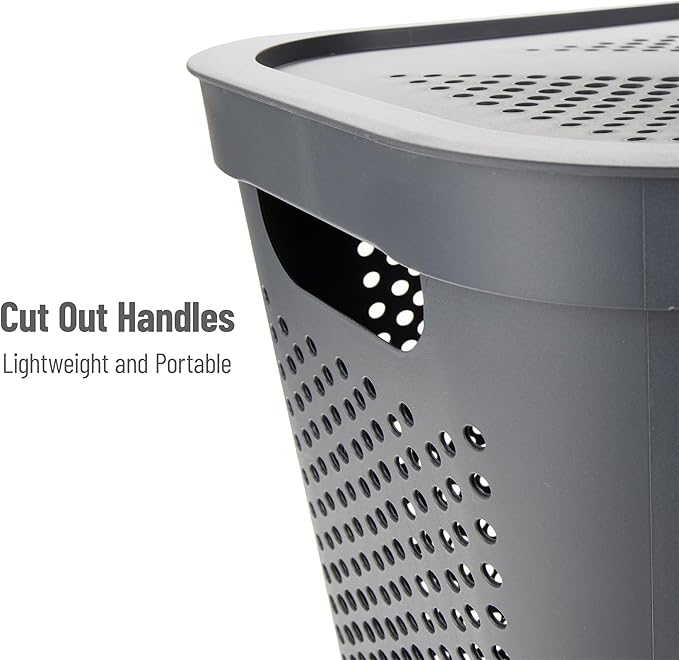 Mind Reader Slim Laundry Hamper with Lid, 60L Clothes Basket, Ventilated Plastic, Gray