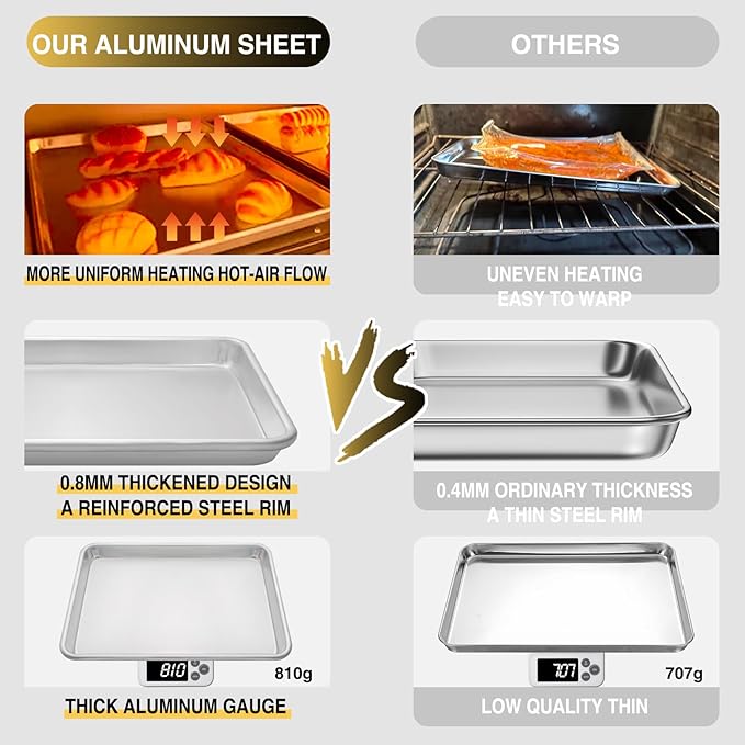 Commercial Quality Baking Sheet Pan Set, Natural Aluminum Cookie Sheet, Umite Chef Encapsulated Galvanized Steel Rim Warp Resistant Baker's Quarter Sheet Pan, Cookie Tray Pans for Baking, Roasting