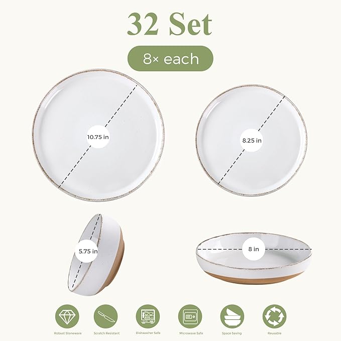 AmorArc Ceramic Dinnerware Sets with Pasta Bowls for 8, Handpainted Plates and Bowls Set with Rustic Terracotta Underside, Scratch Resistant Dishes Set, Dishwasher & Microwave Safe, 32 Pcs-White