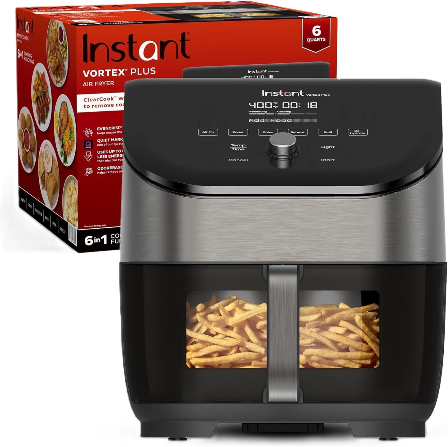 Instant Pot Vortex Plus 6QT Air Fryer with Odor Erase Technology,6-in-1 Functions that Crisps,Roasts, Broils,Dehydrates, Bakes & Reheats, 100+In-App Recipes, from the Makers of Instant Pot,1700W,Black