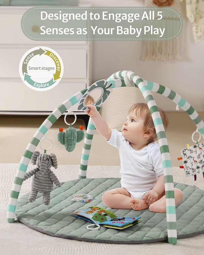 Blissful Diary Baby Play Gym Mat, Play Mat Activity Mat with 6 Detachable Toys for Stage-Based Sensory & Motor Skill Development, Easy to Install & Clean, Baby Essentials Gift, Sage Green