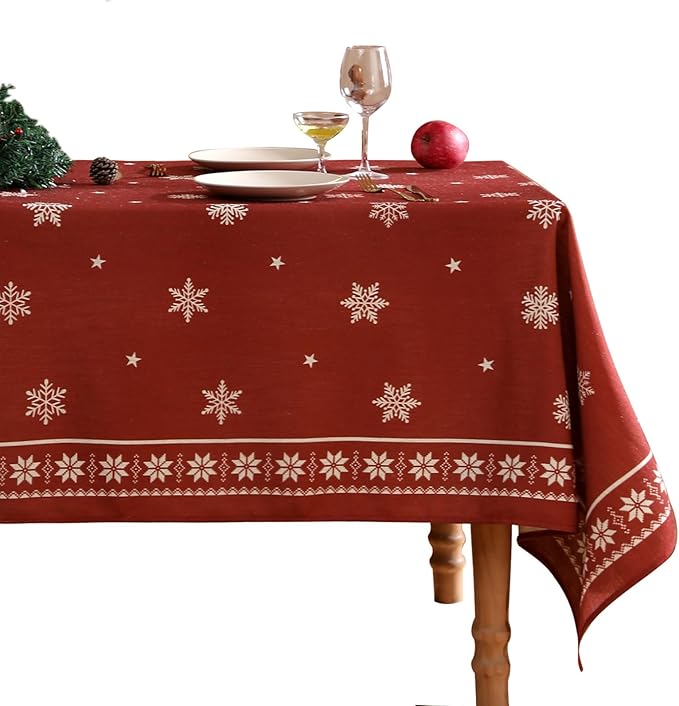 ISAENNE Designer Christmas Red Long Tablecloth Rectangular,Linen Table Cloth with Snowflakes Pattern,Wrinkle Resistant Decor Tablecloths for Dining Kitchen Thanksgiving Christmas,63"*94"-Carol C