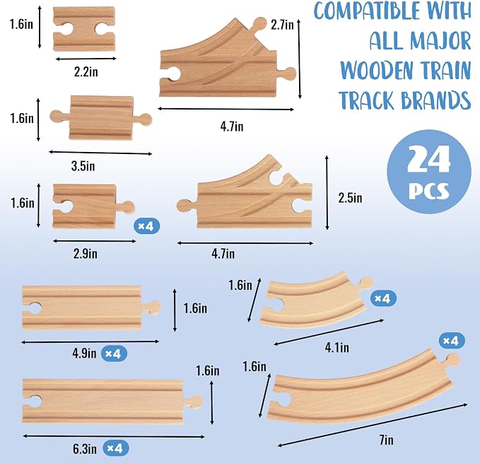 Wooden Train Tracks 24 Piece Set, Track Expansion and 9 Distinct Pieces - 100% Compatible with All Major Brands Including Thomas Wooden Railway System