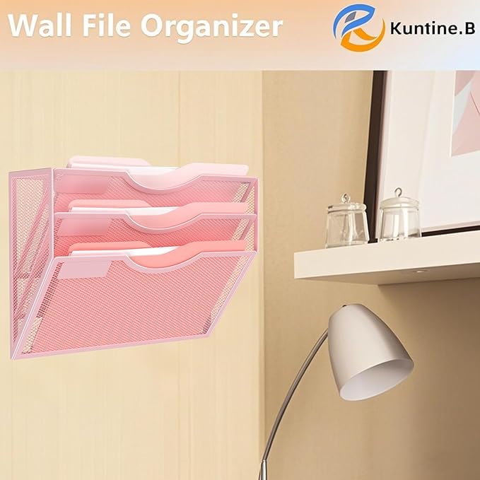Kuntine.B Wall File Organizer Office Hanging Magazine Holder Wall File Organizer for Office Home (Pink, 3 Tier)