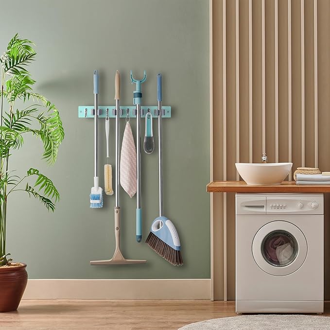 Turquoise Mop Broom Holder Wall Mount with 4 Slots & 4 Hooks - Wood Broom Mop Hanger for Pantry Closet Laundry Room Organization - for Teal Kitchen Decor and Accessories