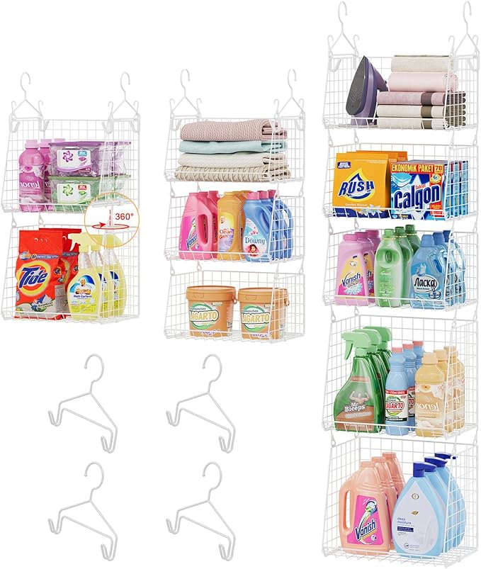 Sonyabecca 5-Tier Hanging Laundry Basket Organizer: Foldable Wire Shelf Basket with 4 Large Hooks 1.65" & 360°Rotating Hooks – Space-Saving Laundry Room Organization for Wardrobe Closet, White Patent