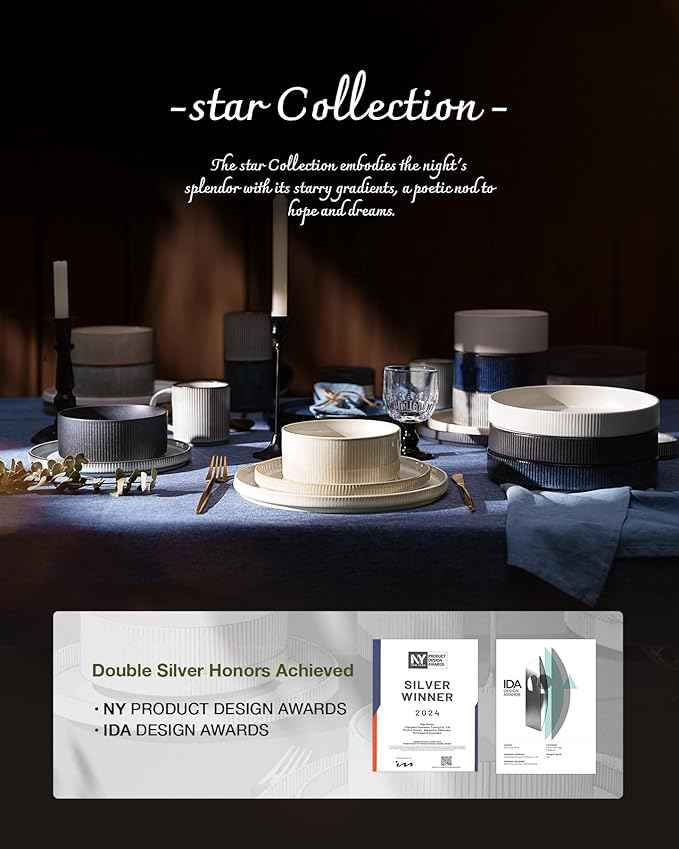 Famiware Star Dinnerware Set with Pasta Bowls, Service for 6 (24 Pieces), Ribbed Stoneware Plates and Double Bowls Sets - Chip & Scratch Resistant, Microwave & Dishwasher Safe Dishes, Cappuccino White