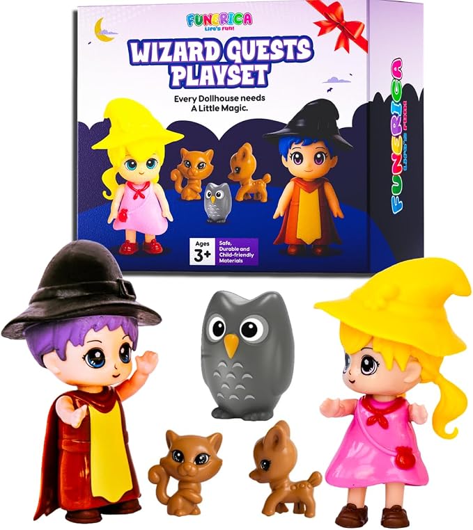FUNERICA Wizard Dollhouse People Playset – Imaginative Little People Guests & Accessories for Doll Houses and Pretend Play – Mini Figures & Animal Toys