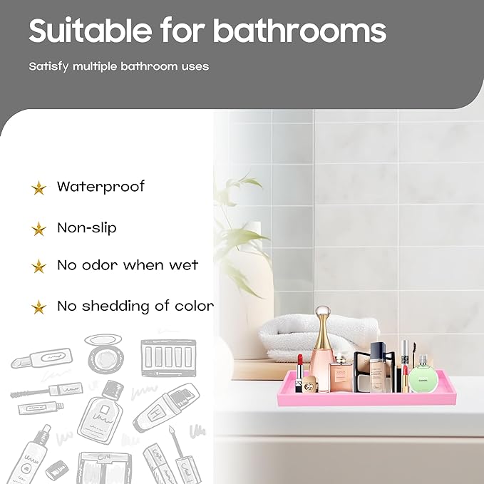 Vanity and Bathroom Tray, 11.8" ABS Countertop Organizer,Waterproof Vanity Tray for Toilet Tank,Perfume,Soap,Keys,Bathroom Accessories,Kitchen and Bath Trays,Non Slip Small Trays,Pink