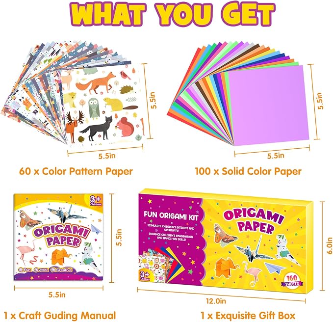 Pigipigi Kids Craft Origami Paper Kit for Kids Ages 5-8 8-12, with Guiding Book, 160 Sheets DIY Art and Crafts Supplies, Colorful Folding Papers Set Projects Gifts Activity for Boy Girl Toy(Forest)