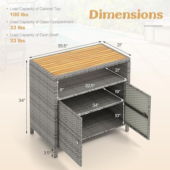 Tangkula Rattan Outdoor Storage Cabinet, Patiojoy Outdoor Cabinet with Acacia Wood Countertop, Open Compartment, 2-Door Wicker Sideboard, Outdoor Bar for Patio Garden Backyard Poolside (Mix Grey)