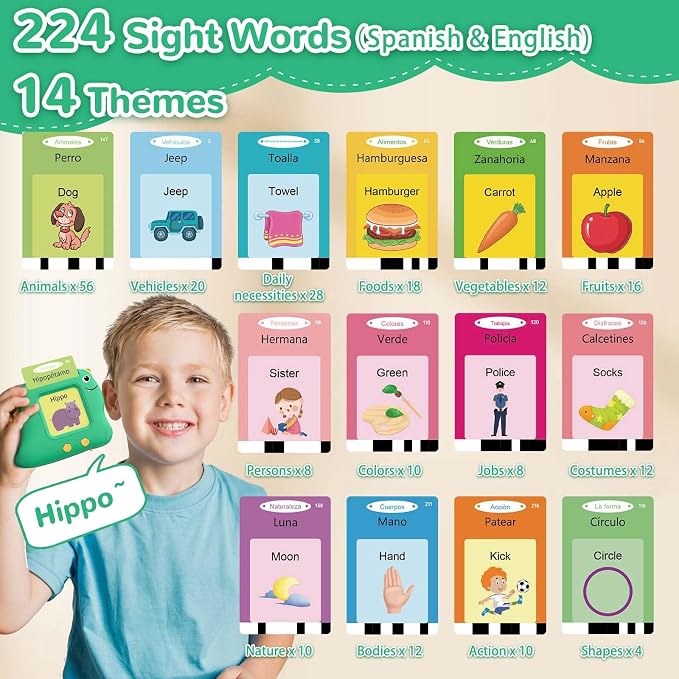 Spanish Talking Flash Cards Bilingual - Toddler Toys for 2 3 4 5 Year Old Boys and Girls, Autism Sensory Toys for Kids Learning Montessori, Español/English Speech Therapy Preschool Gifts