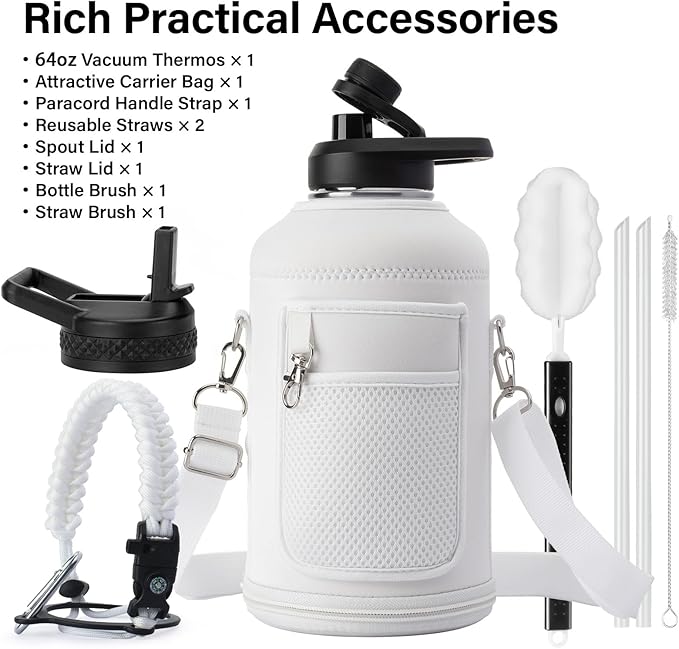 Insulated Water Bottle | Thickened Stainless Steel Vacuum Metal | Portable Sports Half Gallon Large Water Jug for Gym and Hiking with Straw, Carrier Bag, Handle Strap | BPA-Free 64 oz
