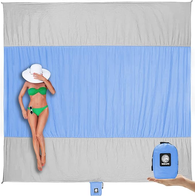 WEKAPO Beach Blanket Sandproof Waterproof, Extra Large Beach Mat, Oversized & Compact Sand Free, Quick Drying Beach Essentials for Vacation, Cruise, Picnic & Camping with Stakes