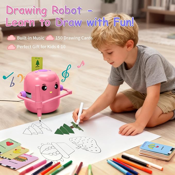 Drawing Robot for Kids, Voice Interactive Educational Drawing Machine with 150 Drawing Cards, Montessori Learning Toys for Kids Ages 3-8, for Boys & Girls (Pink)