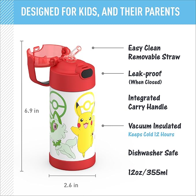 THERMOS FUNTAINER Water Bottle with Straw - 12 Ounce - Kids Stainless Steel Vacuum Insulated Water Bottle with Lid, Pokémon