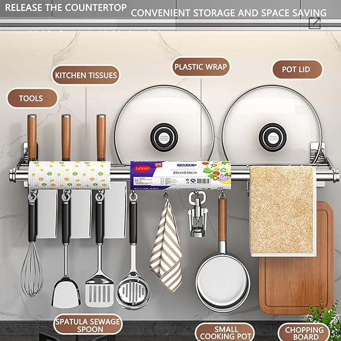 Hanging Wall Mount knife Wall Mount, Kitchen Organizer Storage Shelf for Utensils Spatula Spoon, Space-Saving Knife Rack with Hooks,Wall-Mounted Utensil Holder (Grey, 40CM+Single Pole+6Hooks)