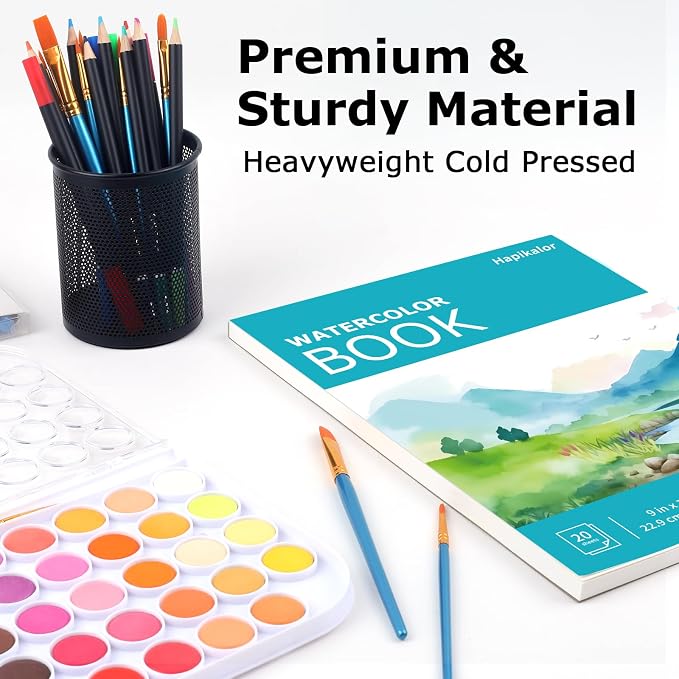 Hapikalor 9"x12" Watercolor Sketchbook, 1-Pack Spiral Bound, Water Color Paper, 140lb/300gsm Watercolor Paper, Watercolor Notebook, Watercolor Journal, Sketch Pad, School Supplies, Teal