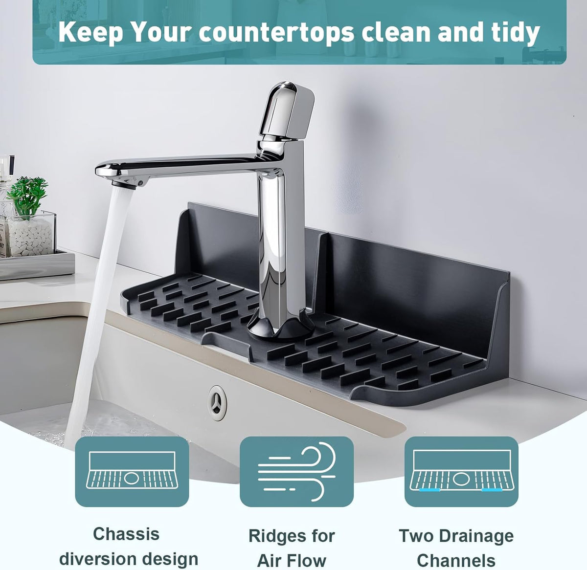 Silicone Kitchen Sink auto Drain Organizer, Kitchen countertop and Sink Splash Guard.Kitchen Sponge Rack and organizing Shelf，Suitable for Cleaning Tools, dispensers, Bottles, Cups (Black)