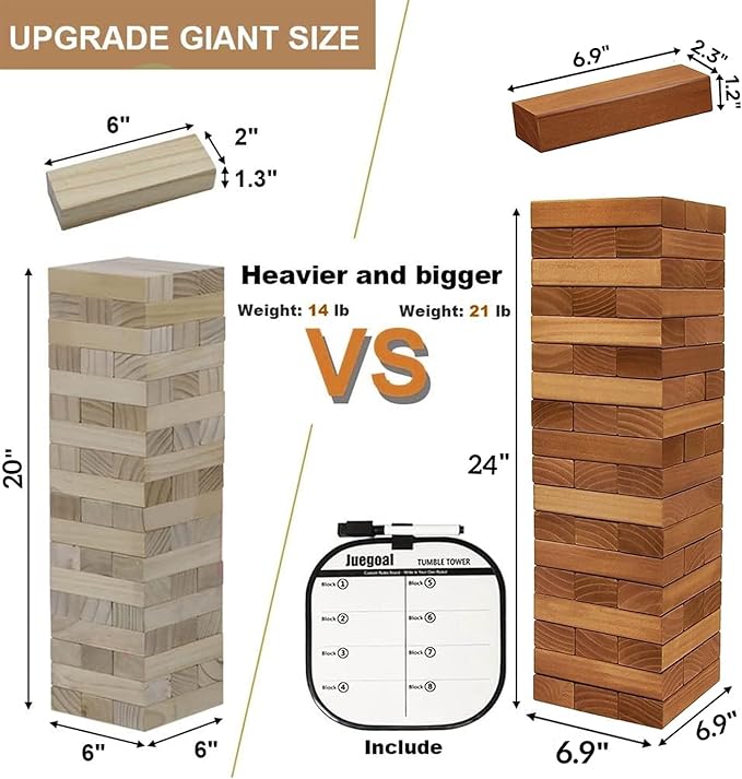 Juegoal 54 Piece Giant Tumble Tower Brown for Adult Kids Family, Wooden Block Stacking Game with Gameboard & Canvas Bag, Outdoor Games for Backyard Lawn Party Playing, 6.9 x 6.9 x 24 Inches,X-Large