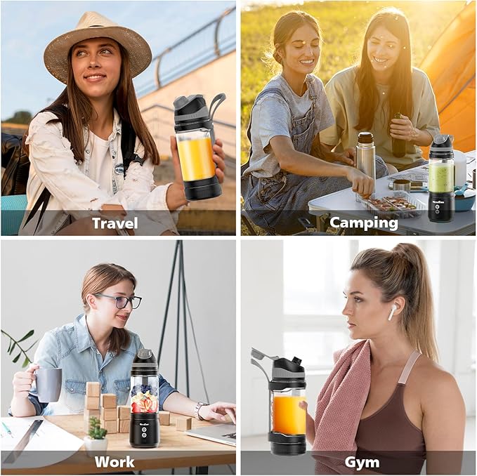 Portable Personal Blender for Smoothies, Protein Shakes, Frozen Drinks - 24Oz Blender Cup Bottle with Sip Spout, Travel Lid, USB-C Rechargeable, Cordless - Mini Small Blenders for Kitchen, Gym, Office