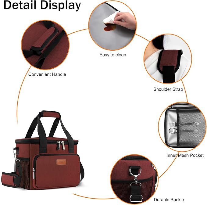 Femuar Lunch Bags for Women/Men, Insulated Lunch Bag for Work Office Picnic - Large Lunch Cooler Bag Leakproof Lunch Box with Adjustable Shoulder Strap for Adults - Red(15L)