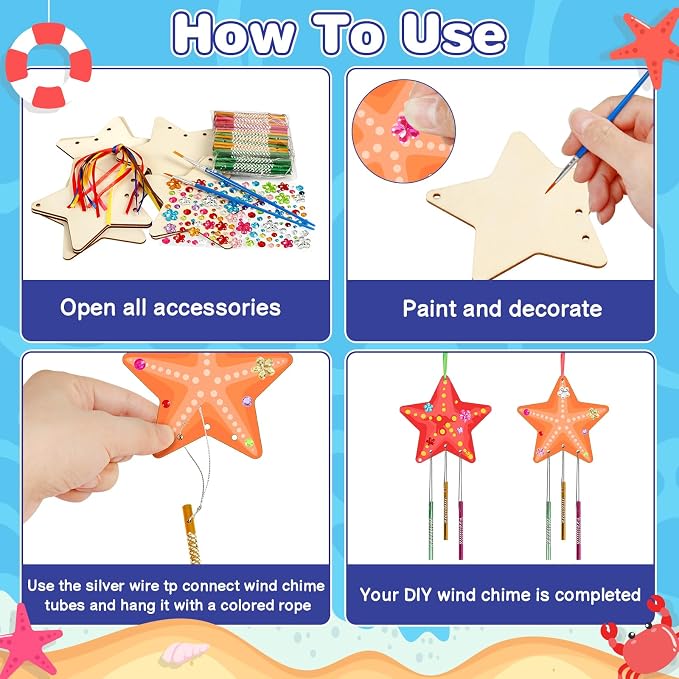Fennoral 9 Pack Star Wind Chime Kit for Kids Make Your Own Starfish Wind Chimes for Girls Boys Ornaments DIY Coloring for Summr Art Project Party Decoration Birthday Gift